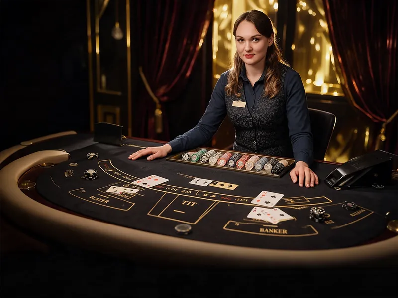 A dealer at a live baccarat table with the Player and Banker positions.