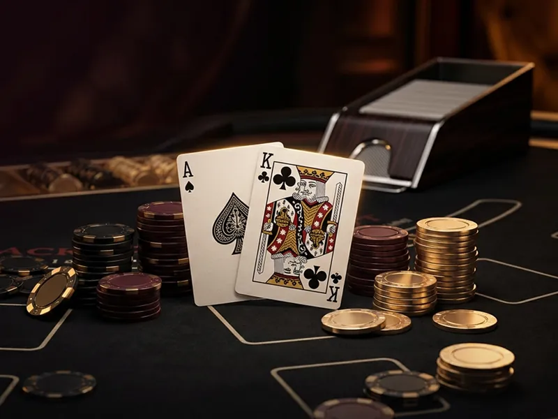 An ace and a king of clubs beside stacks of gold chips and a card shoe on a blackjack table.