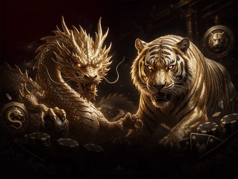 A gold dragon and a gold tiger facing each other above casino chips.