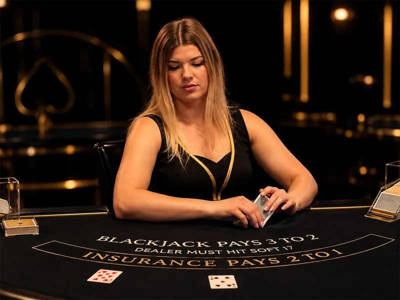 A dealer shuffling cards at a black-and-gold blackjack table.