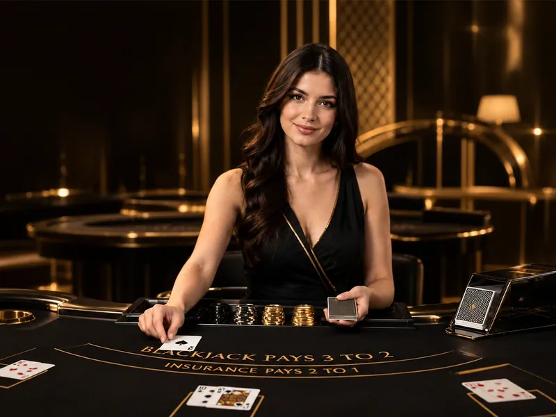 A smiling dealer dealing cards at a live table in the studio.