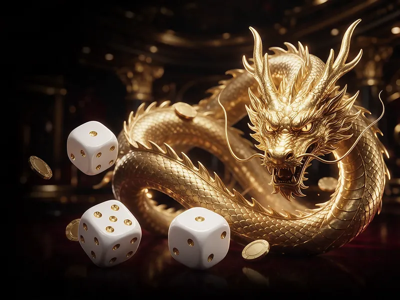 Three white dice and gold coins around a coiled gold dragon.