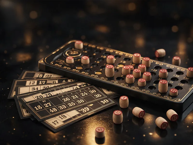 Tombala cards and numbered wooden pieces on a black tray.